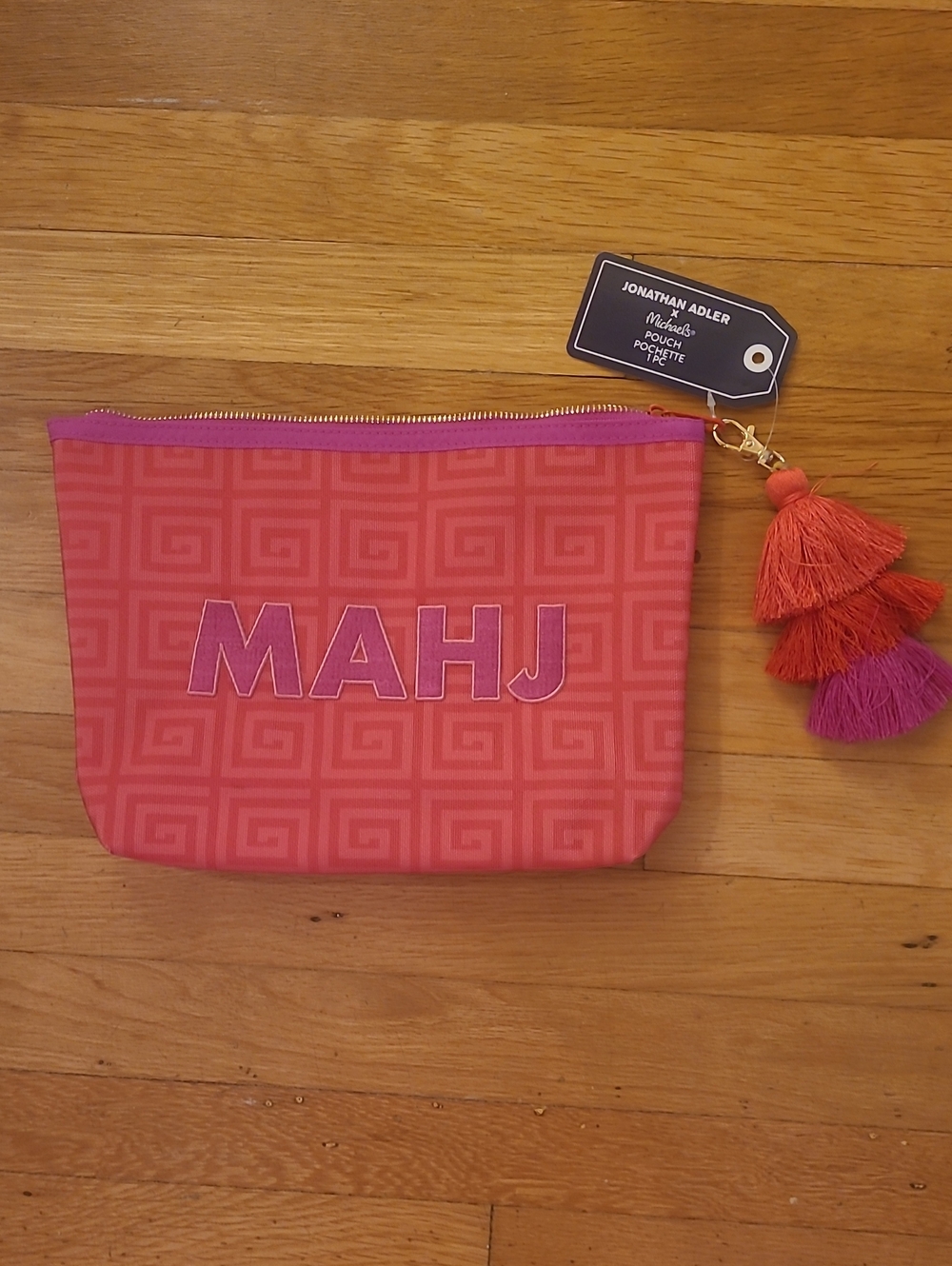 Jonathan Adler Coral-Pink Monogram Cosmetic Pouch with Tassel